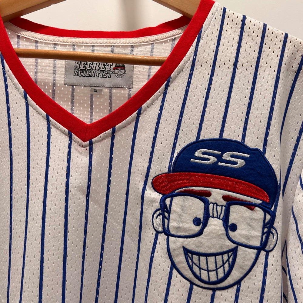 Secret Scientist Pinstripe Baseball Jersey Tee Men XL White Blue Red V-Neck Mesh